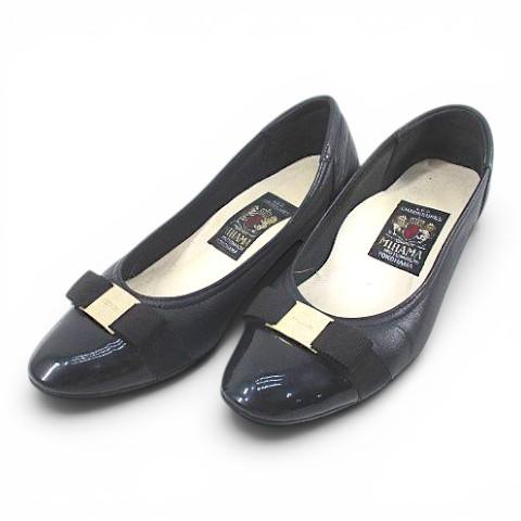 ミハマ MIHAMA パンプス リボン ゴールド金具 ブラック 黒 レザー 