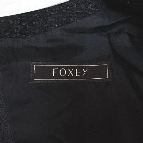 フォクシー FOXEY 41449-A00A05KE ジェシカ Jessica 半袖 白襟 ツイード ワンピース 膝丈 38 紺系 ネイビー 裏地 日本製 レディースの画像