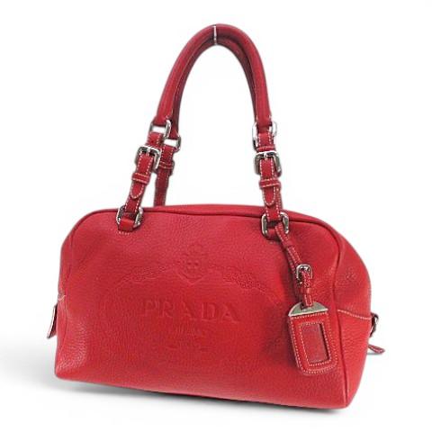 PRADA ボストンバッグ ブラウン/レッド PRADA（プラダ） 型押しロゴ ミニボストンバッグ ハンドバッグ ロゴ