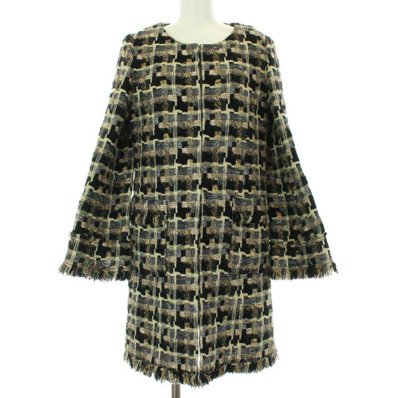 中古 グレースクラス ツイード ノーカラーコート ロング ミドル丈 フリンジ ウール混 シルク混 絹混 S ベージュ ブラック レディース ベクトル 古着