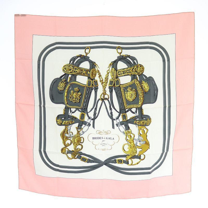 おしゃれ 人魚 チェーン柄 大判 チーフ スカーフ Gala De Brides カレ90 Hermes エルメス 中古 絹 古着 ゴールド ベクトル グレー ホワイト 白 ピンク シルク スカーフ Panero Shop