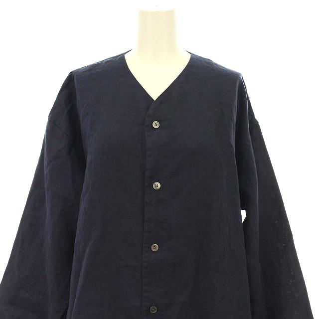 オーチバル オーシバル カラーレスワンピース Collerless Dress ロング 長袖 ノーカラー 麻 M 1 紺 Ty 3krehab Com