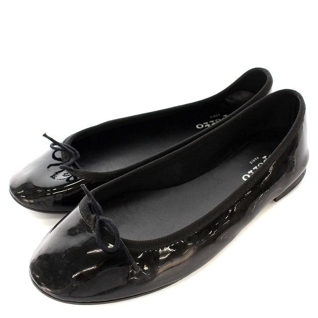 中古 レペット Repetto バレエシューズ エナメル フラット リボン 39 25cm 黒 ブラック G レディース 超激安特価