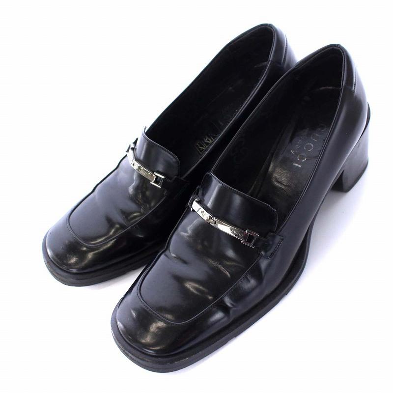 中古 グッチ GUCCI ビットローファー スクエアトゥ チャンキーヒール