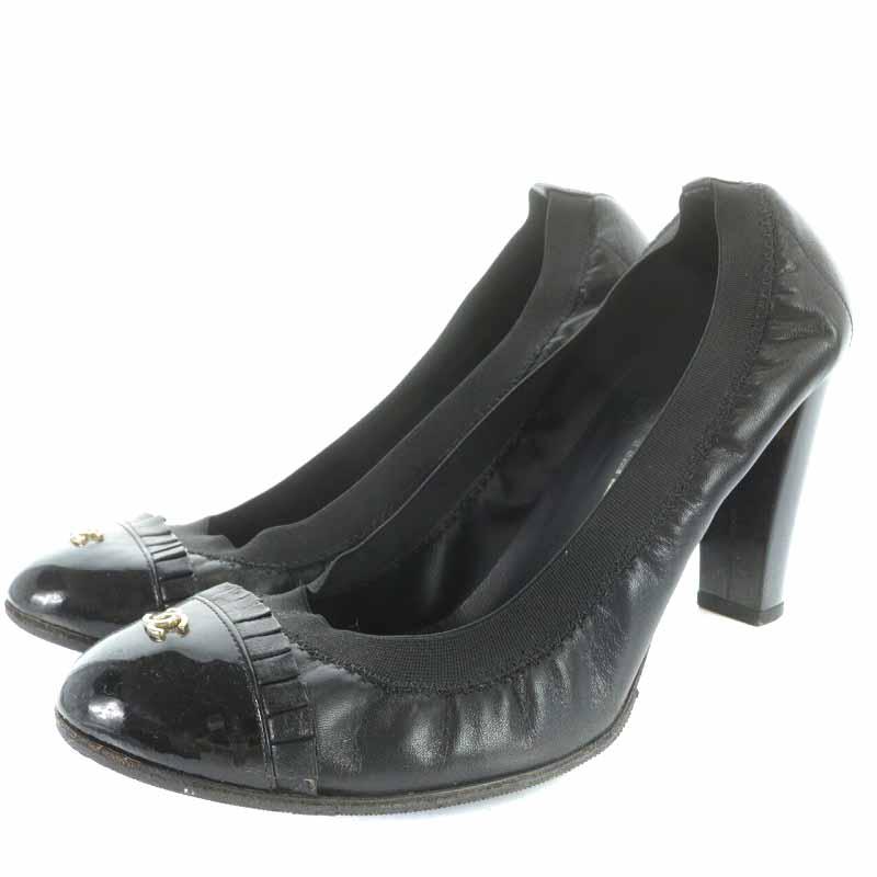 シャネル CHANEL パンプス レザー エナメル 切替 ラウンドトゥ