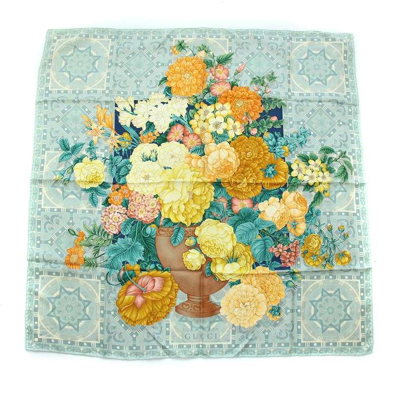 グッチ GUCCI スカーフ 花柄 シルク 水色 ライトブルー /TK □OH