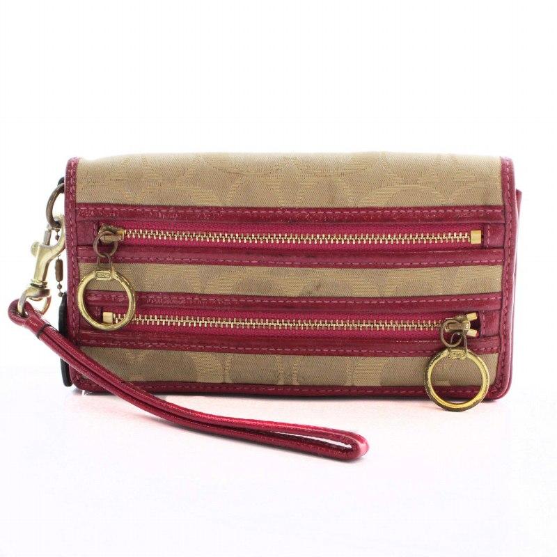 コーチ COACH 長財布 小銭入れ キャンバス 二つ折り ファスナー ホック ベージュ ピンク /TR2 レディース :081-102302160132:ブランド古着販売のベクトル 通販 コーチ coach 二つ折り 長財布 ピンク