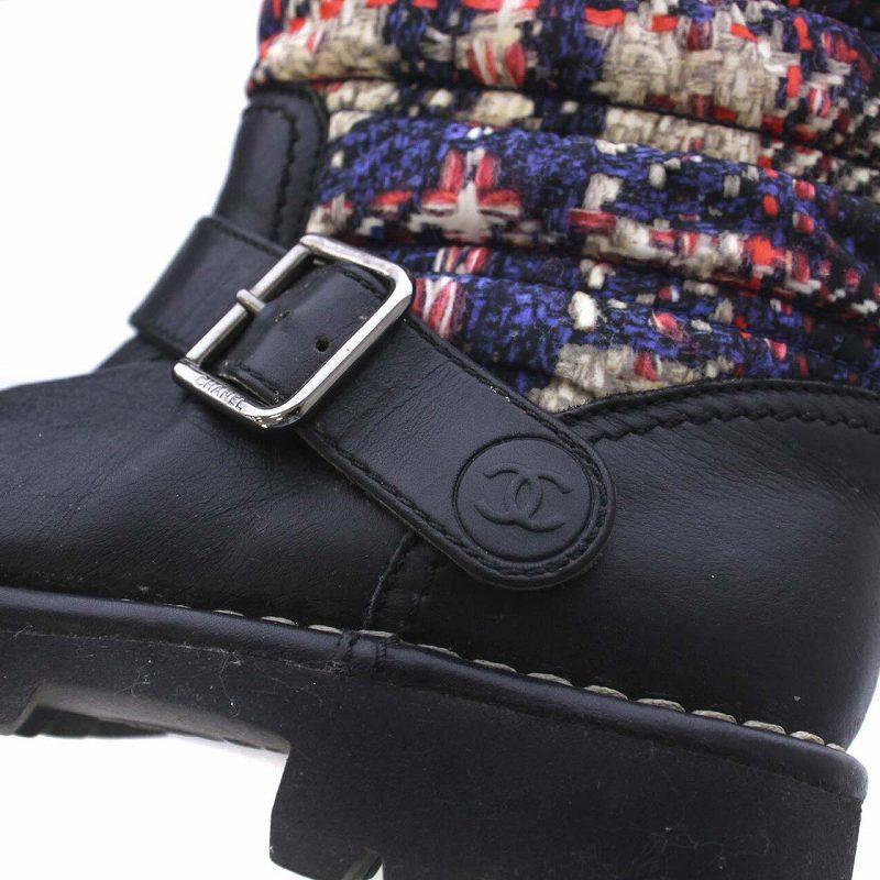シャネル CHANEL ツイードプリント エンジニアブーツ レザー 切替 ココ 