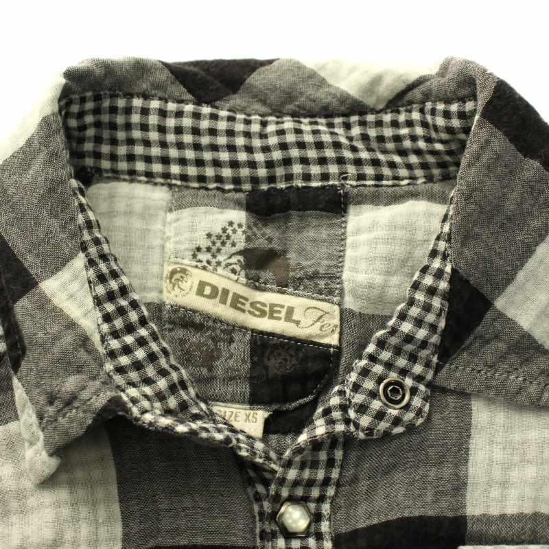 DIESEL ディーゼル チェックシャツ ブラウス 七分袖 XS 黒 ブラック 白 