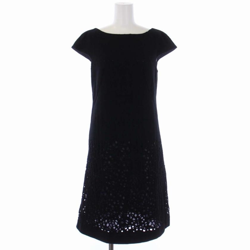 シビラ SYBILLA ワンピース ひざ丈 半袖 柄 ウール ナイロン M 黒  