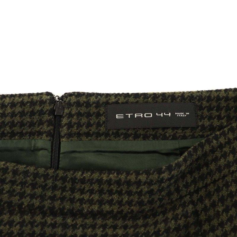 エトロ ETRO スカート ひざ丈 台形 千鳥格子柄 ウール 44 L カーキ 黒 
