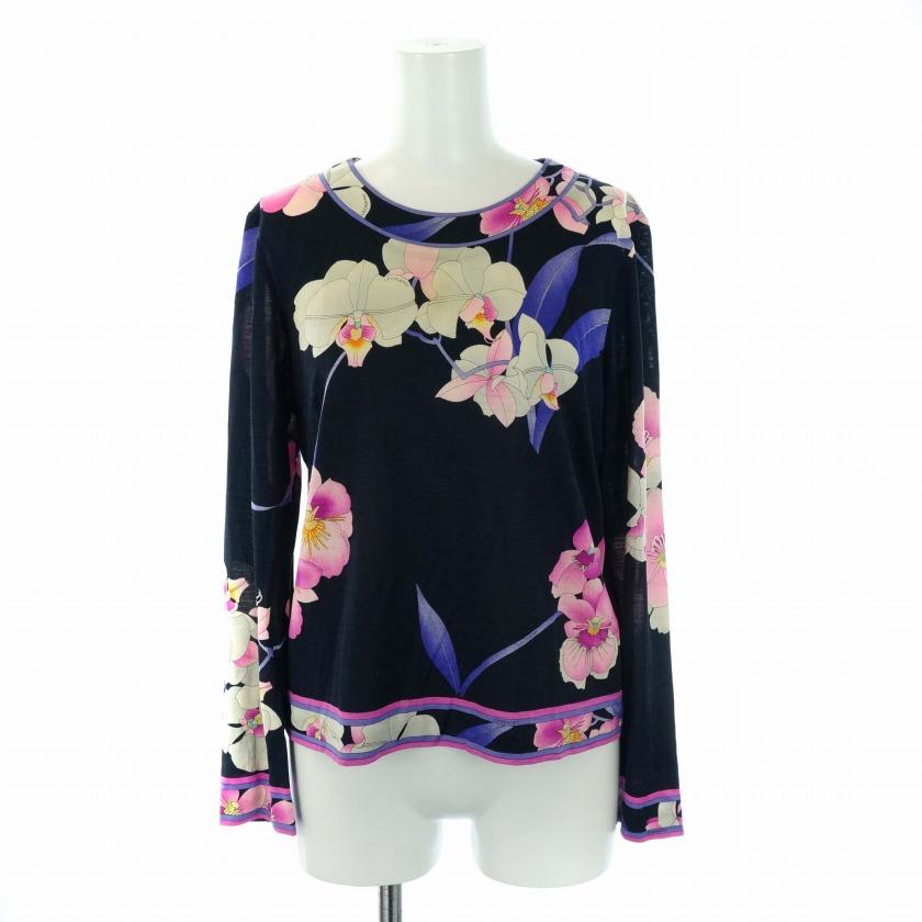 美品】LEONALD 花柄 フラワー 切替 カットソー トップス 42 紺