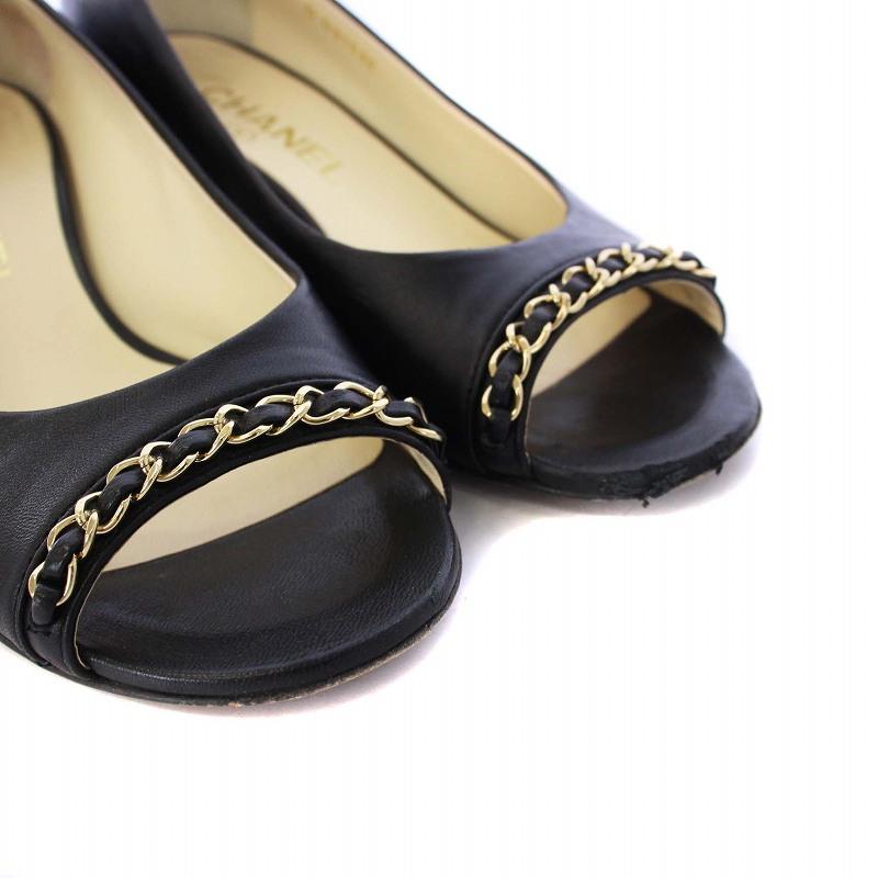 CHANEL シャネル パンプス オープントゥ チャンキーヒール チェーン 