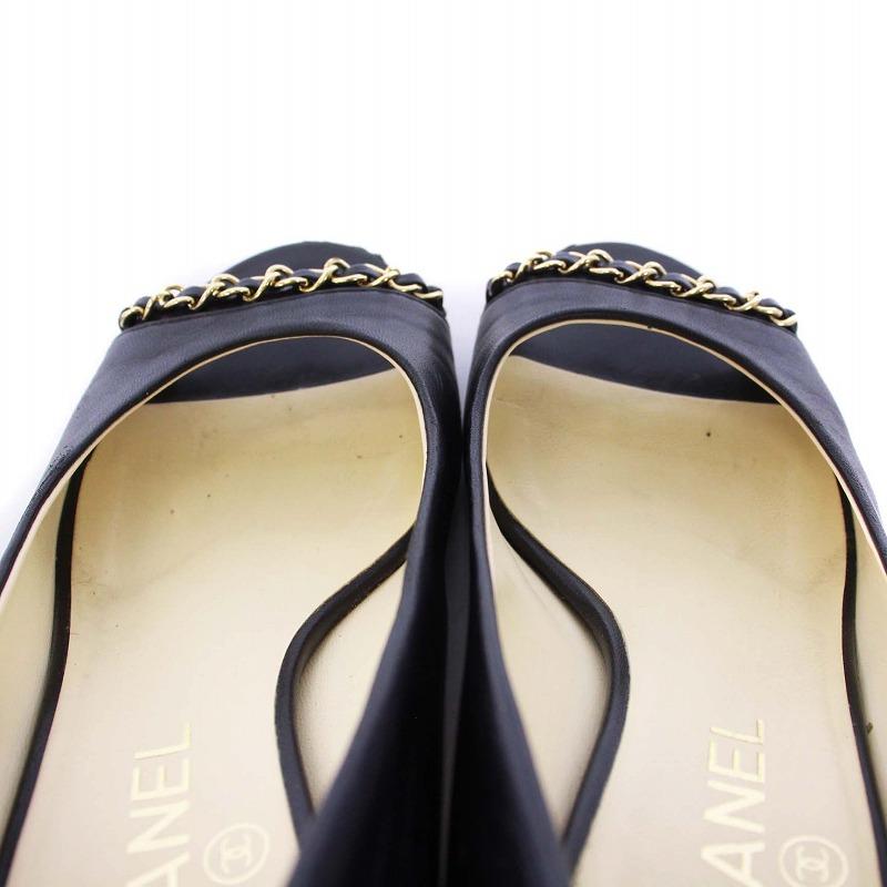 CHANEL シャネル パンプス オープントゥ チャンキーヒール チェーン 