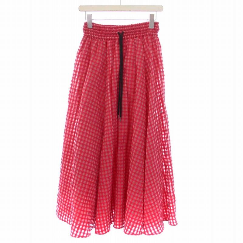 【美品】OBLI オプリ　オーガンジーギンガムチェックスカート/レッド OBLI】オーガンジーギンガムチェックスカート/レッド