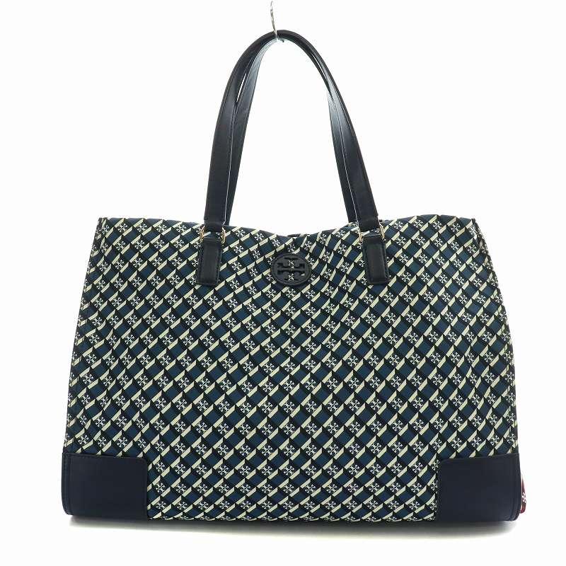 トリーバーチ TORY BURCH トートバッグ ハンド レザー 総柄 ロゴ 紺 