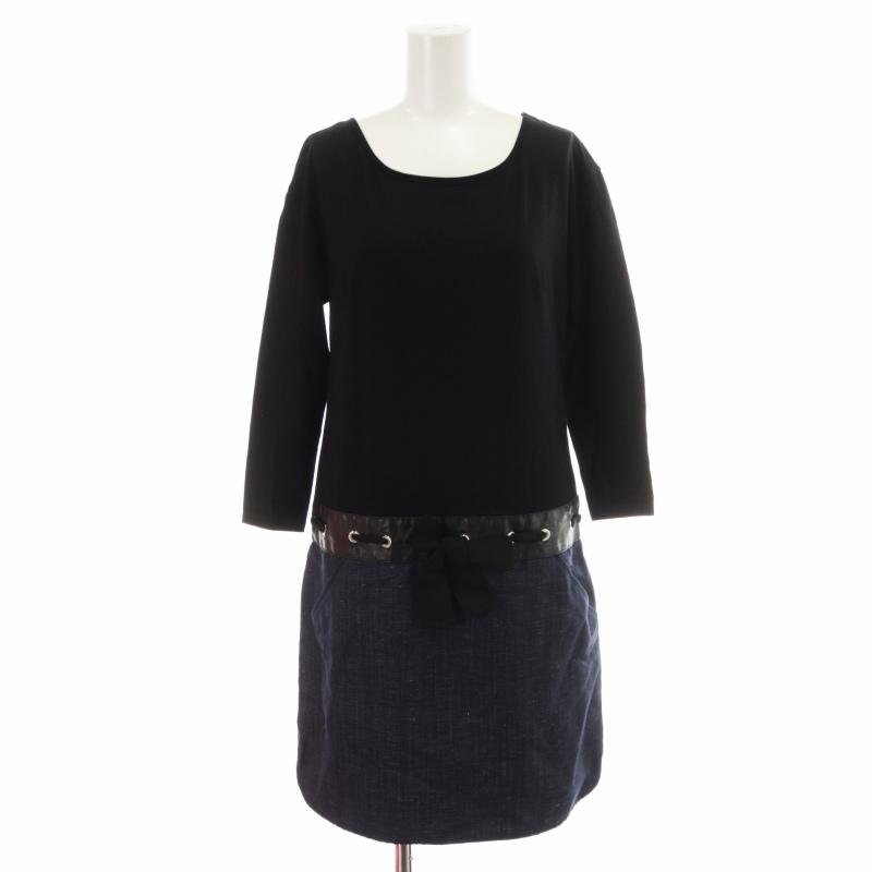 ポールカ PAULE KA ワンピース ひざ丈 ドッキング 切替 リボン 長袖 36  