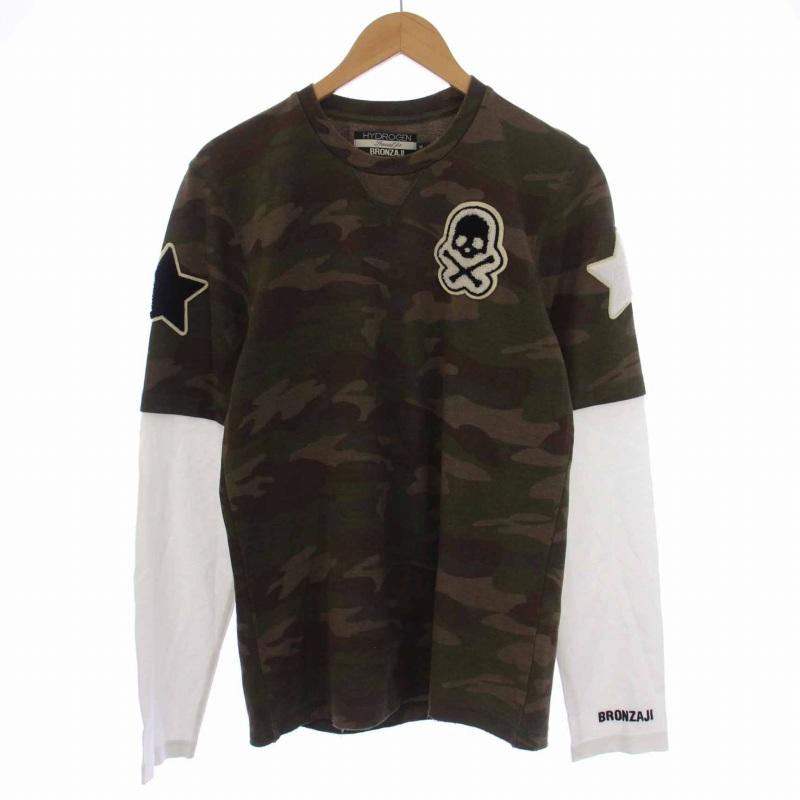 【中古】未使用品 HYDROGEN Tシャツ カットソー 長袖 ロンT スカル ドクロ カモフラ 迷彩 タグ付き S カーキ ブラウン 未使用品 ハイドロゲン HYDROGEN Tシャツ カットソー 長袖 ロンT