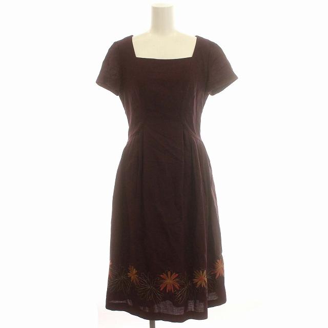 シビラ SYBILLA ワンピース リネン混 半袖 ひざ丈 花柄 刺繍 M ワイン