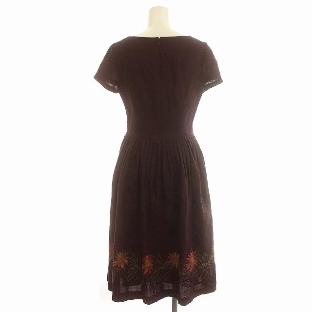 シビラ SYBILLA ワンピース リネン混 半袖 ひざ丈 花柄 刺繍 M ワイン