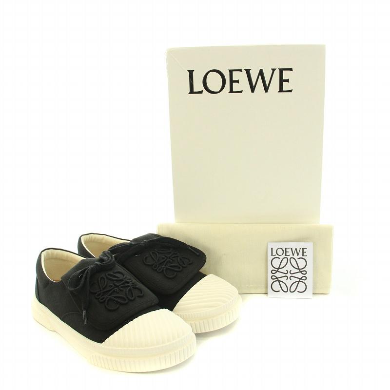 ロエベ スニーカー シューズ アナグラム フラップ キャンバス 37 黒 白