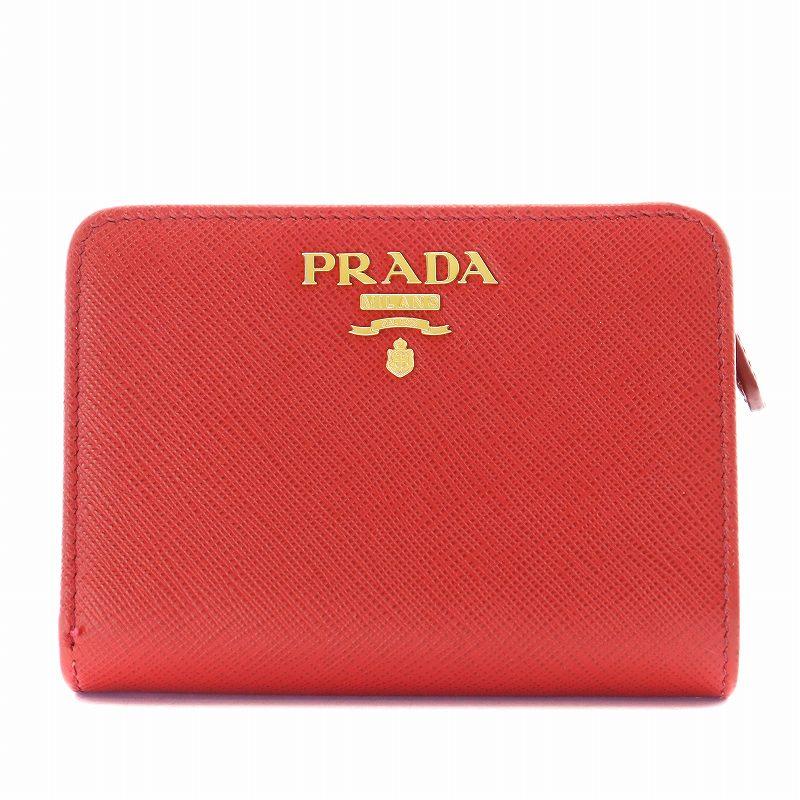 【美品】PRADA　プラダ　折り財布　サフィアーノ　赤　レッド　コンパクト PRADA プラダ サフィアーノ 二つ折り財布 小銭入れあり レザー