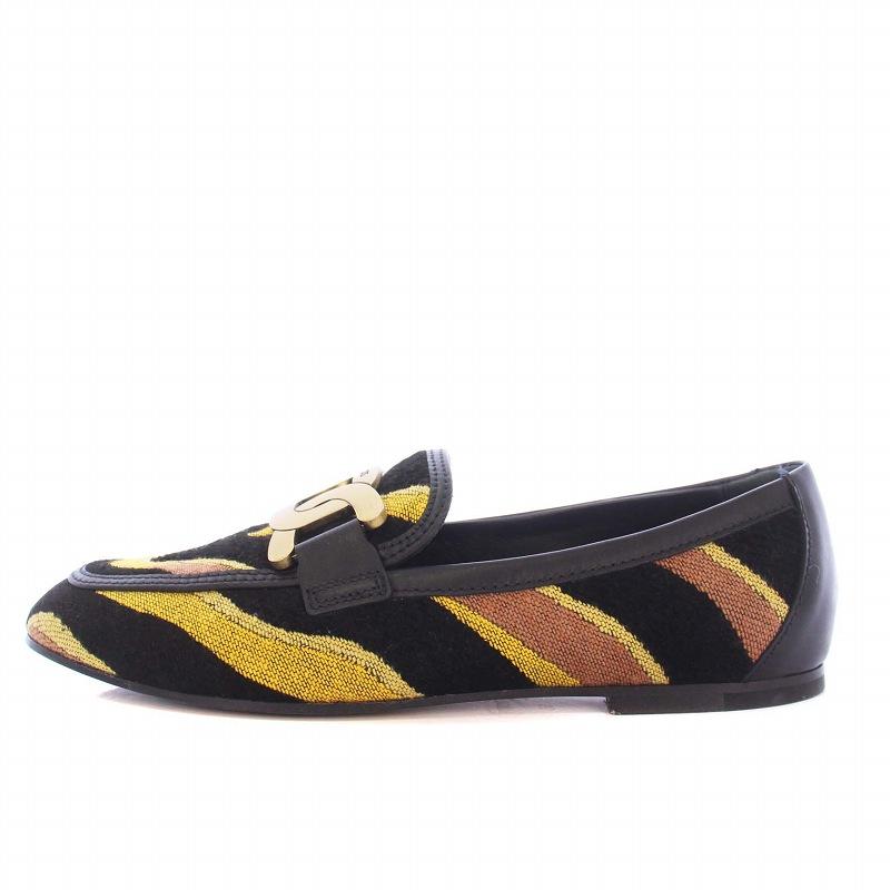 【中古】トッズ TOD'S Kate Loafer ケイト ローファー モカシン タイガー柄 35 22cm 黒 ブラック /KH レディース トッズ TOD'S Kate Loafer ケイト ローファー モカシン タイガー柄 35