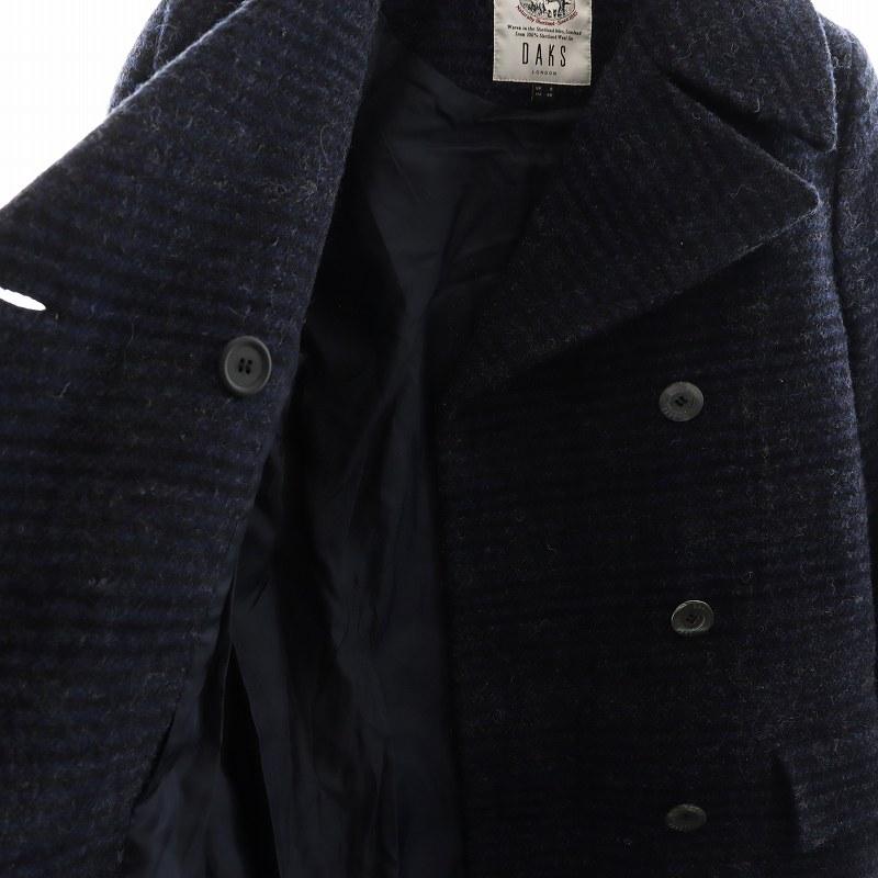 【中古】ダックス DAKS チェスターコート ロング丈 ダブル チェック柄 ウール IT40 S 紺 ネイビー 黒 ダックス DAKS チェスターコート ロング丈 ダブル チェック柄 ウール