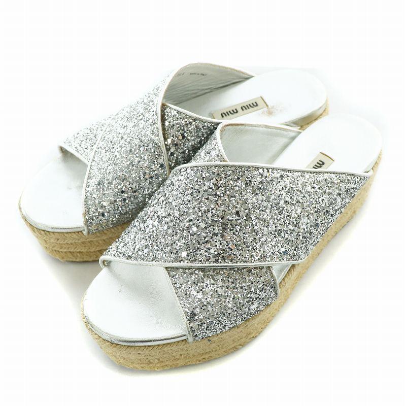 Miu Miu シルバーグリッターサンダル Miu Miu Glitter Embellished Block Silver Heel Sandals Size