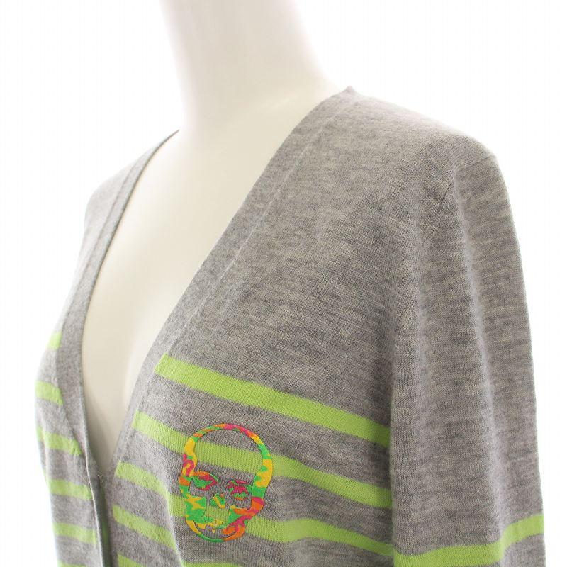 【中古】ルシアンペラフィネ ニットカーディガン 長袖 Vネック ボーダー柄 ドクロ スカル 刺繍 薄手 S グレー 黄緑 ルシアンペラフィネ LUCIEN PELLAT-FINET ニットカーディガン 長袖 V