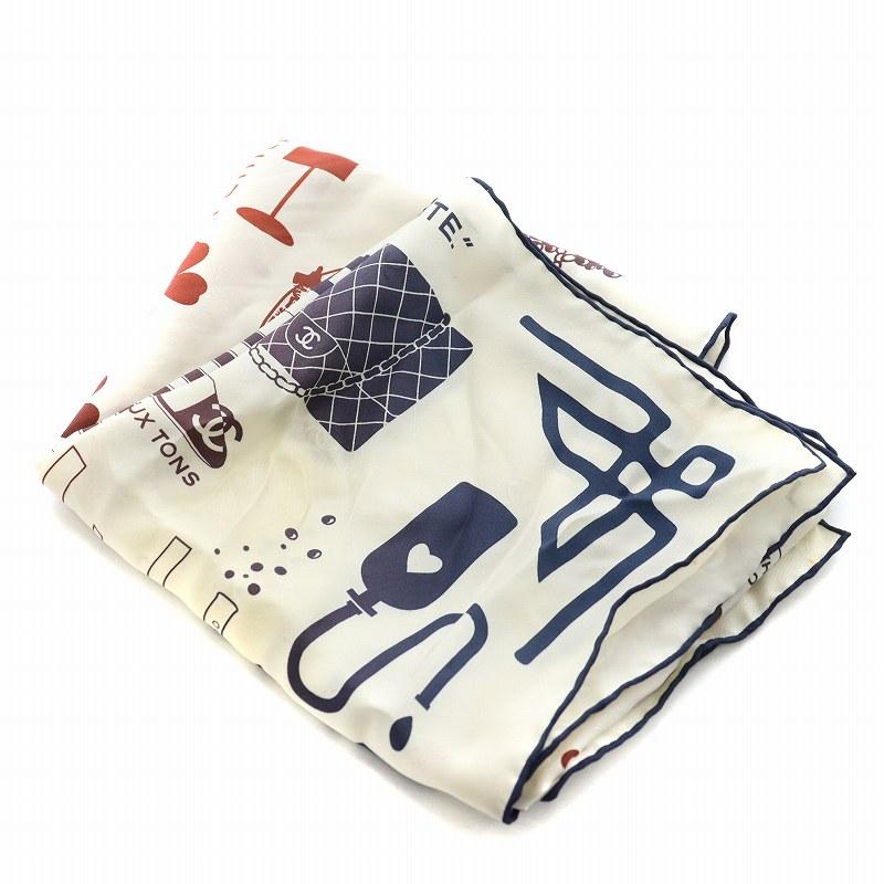 CHANEL シャネル ココマーク スカーフ 総柄 シルク 絹 白 CHANEL シャネル ココマーク スカーフ 総柄 シルク 絹 白