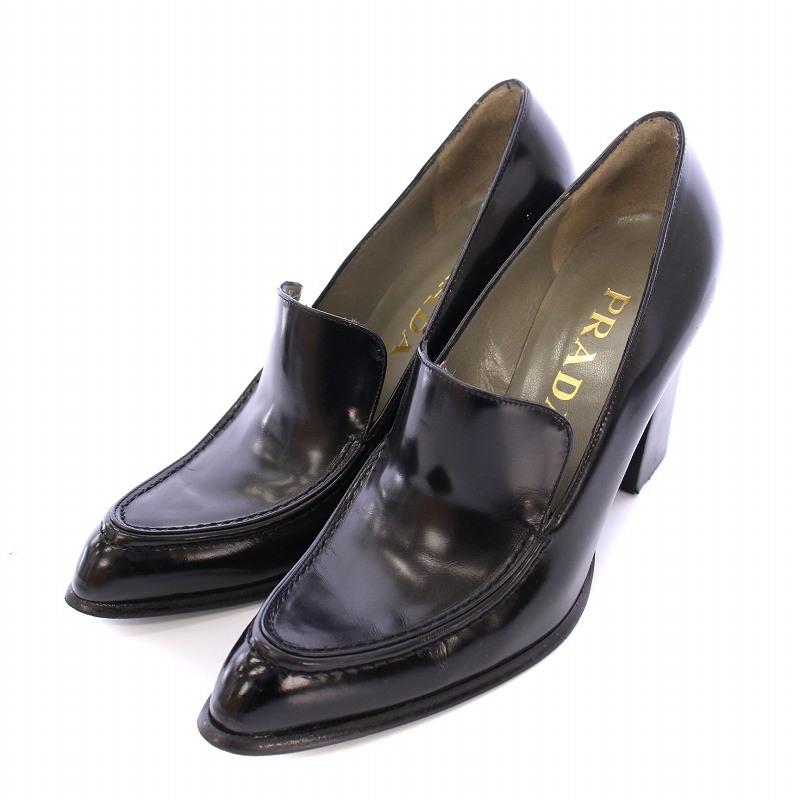 PRADA エナメルパンプス ヒール ロゴ金具 リボン ブラック 36 PRADA ブラックリボン付きエナメルパンプス(36 1/2) 中古・古着通販