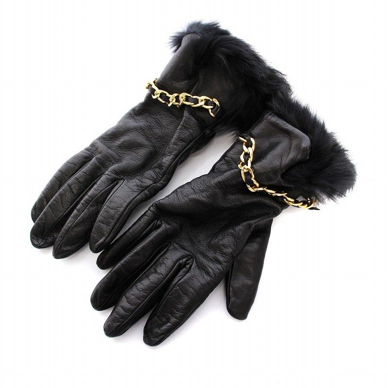 黒 レザー 手袋 チェーン付き