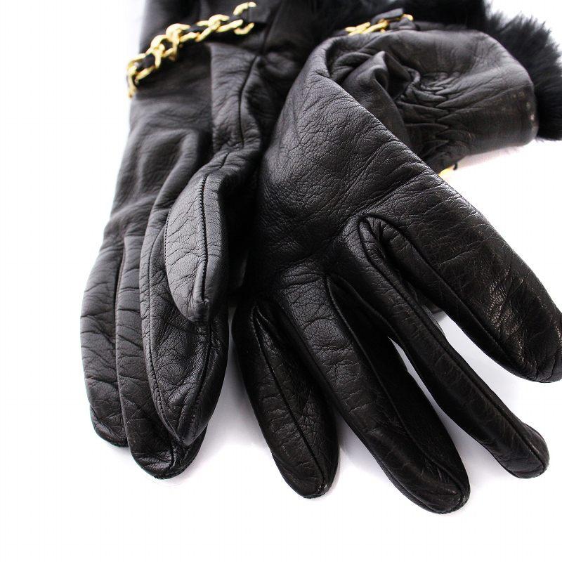 ALPO アルポ 手袋 レザー グローブ ファー チェーン 6 1/2 黒 /YM