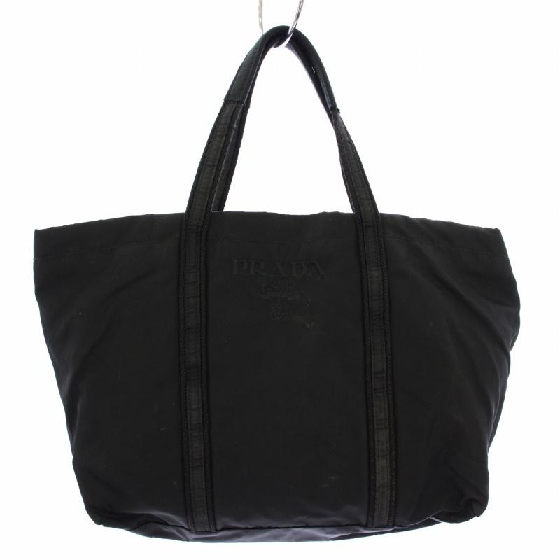 【美品】PRADA プラダ　ハンドバッグ　トート　ナイロン　ブラック　黒　ロゴ PRADA プラダ トートバッグ ハンドバッグ ロゴ刺繍 ナイロン 黒