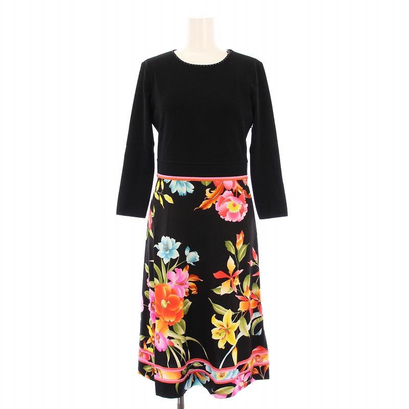 レオナ−ルサイズ40ノースリーブ フレアワンピース 花柄 黒