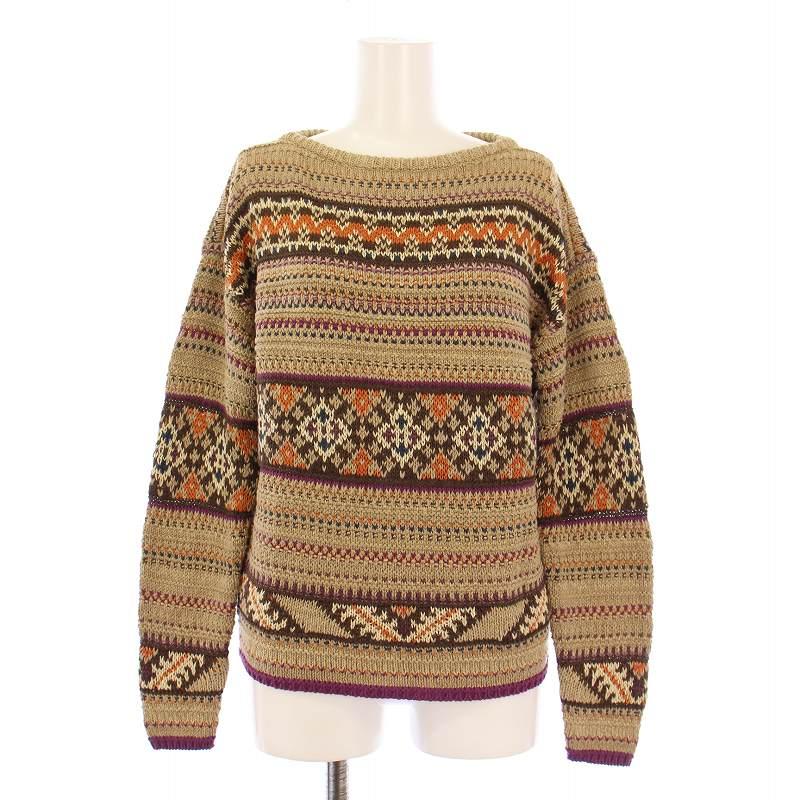 【中古】ローレンラルフローレン LAUREN RALPH LAUREN ニット セーター 長袖 ボートネック 総柄 麻 リネン混 XS 茶 ローレンラルフローレン LAUREN RALPH ニット セーター 長袖 ボート