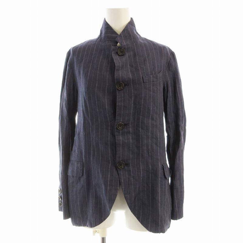 トゥジュー TOUJOURS ジャケット シングル 麻 リネン ストライプ 1 紺