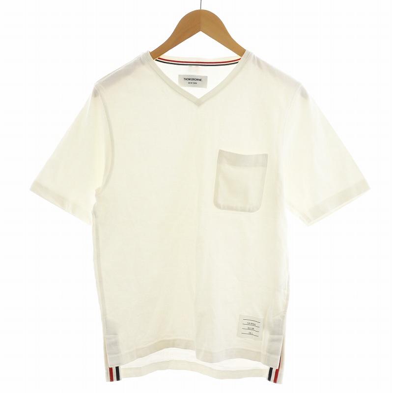 THOM BROWNE ホワイト Tシャツ 半袖 トムブラウン THOM BROWNE Tシャツ カットソー 半袖 Vネック 1 白