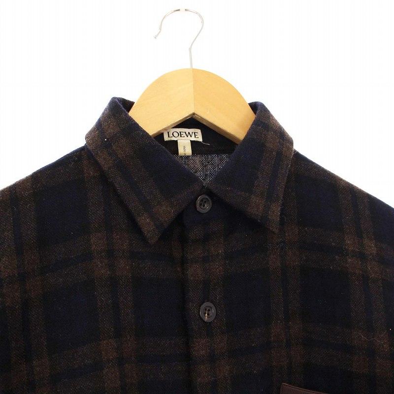 LOEWE ロエベ チェックシャツ 長袖 アナグラム ウール S ネイビー