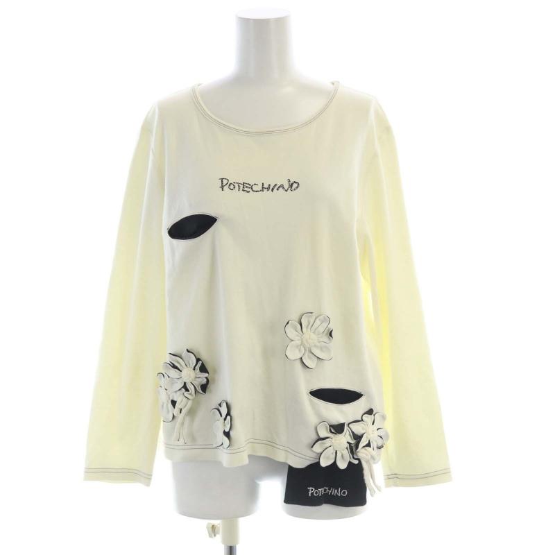 Potechino 花モチーフ割烹着 ホワイト ホワイト 花モチーフ付き