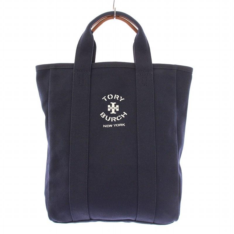 【未使用に近い】トリーバーチ　トートバッグ　2way キャンバス　ネイビー TORY BURCH トリーバーチ ロゴプリントキャンバストートバッグ