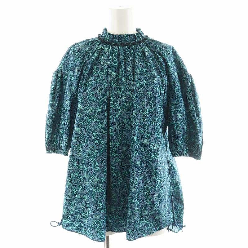 ドゥロワー　シルク混　半袖ブラウス　パフスリーブ　ギャザー　ネイビー　36 ドゥロワーシルク混半袖ブラウスパフスリーブギャザーネイビー36