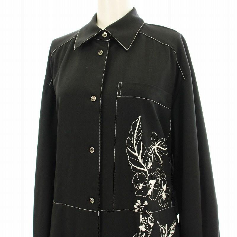 【中古】未使用品 アドーア ADORE フラワーバード刺繍シャツワンピース ロング 花柄 オープンバック 長袖 38 黒 未使用品 アドーア ADORE 22SS フラワーバード刺繍シャツワンピース