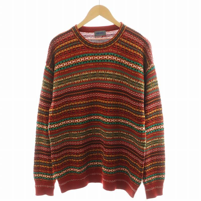 KENZO vintage 総柄 ニットセーター ケンゾー KENZO ニット セーター 長袖 総柄 ウール 赤 レッド 緑
