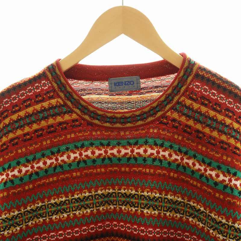 ケンゾー KENZO ニット セーター 長袖 総柄 ウール 赤 レッド 緑