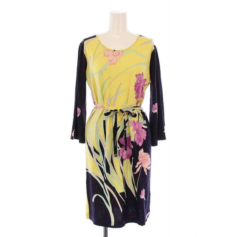 【中古】レオナール LEONARD ワンピース ひざ丈 長袖 クルーネック 花柄 ウール ベルト 42 黄色 マルチカラー LEONARD（レオナール） ワンピース ひざ丈 長袖 クルーネック 花柄