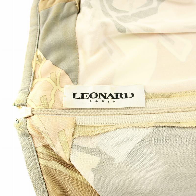 【中古】レオナール PARIS ワンピース フレア ロング マキシ 七分袖 Vネック フリル 総柄 シルク 44 ベージュ グレー LEONARD（レオナール） LEONARD PARIS ワンピース フレア ロング