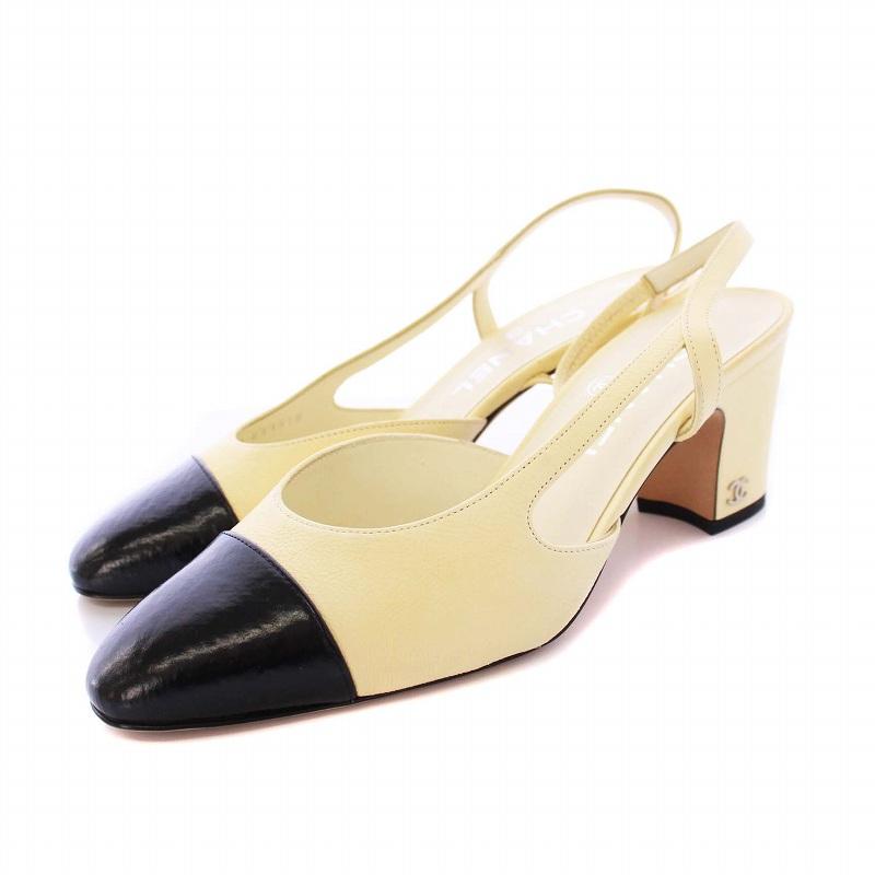 【中古】シャネル CHANEL スリングバックサンダル ココマーク チャンキーヒール レザー 36C ベージュ ブラック C31318 CHANEL（シャネル） スリングバックサンダル ココマーク チャンキー