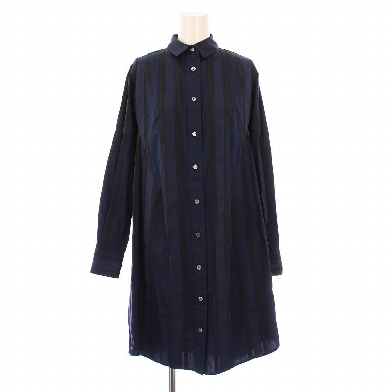 【中古】サカイ sacai シャツワンピース ひざ丈 長袖 レギュラーカラー ボーダー柄 切替 1 黒 ブラック 紺 ネイビー サカイ sacai シャツワンピース ひざ丈 長袖 レギュラーカラー